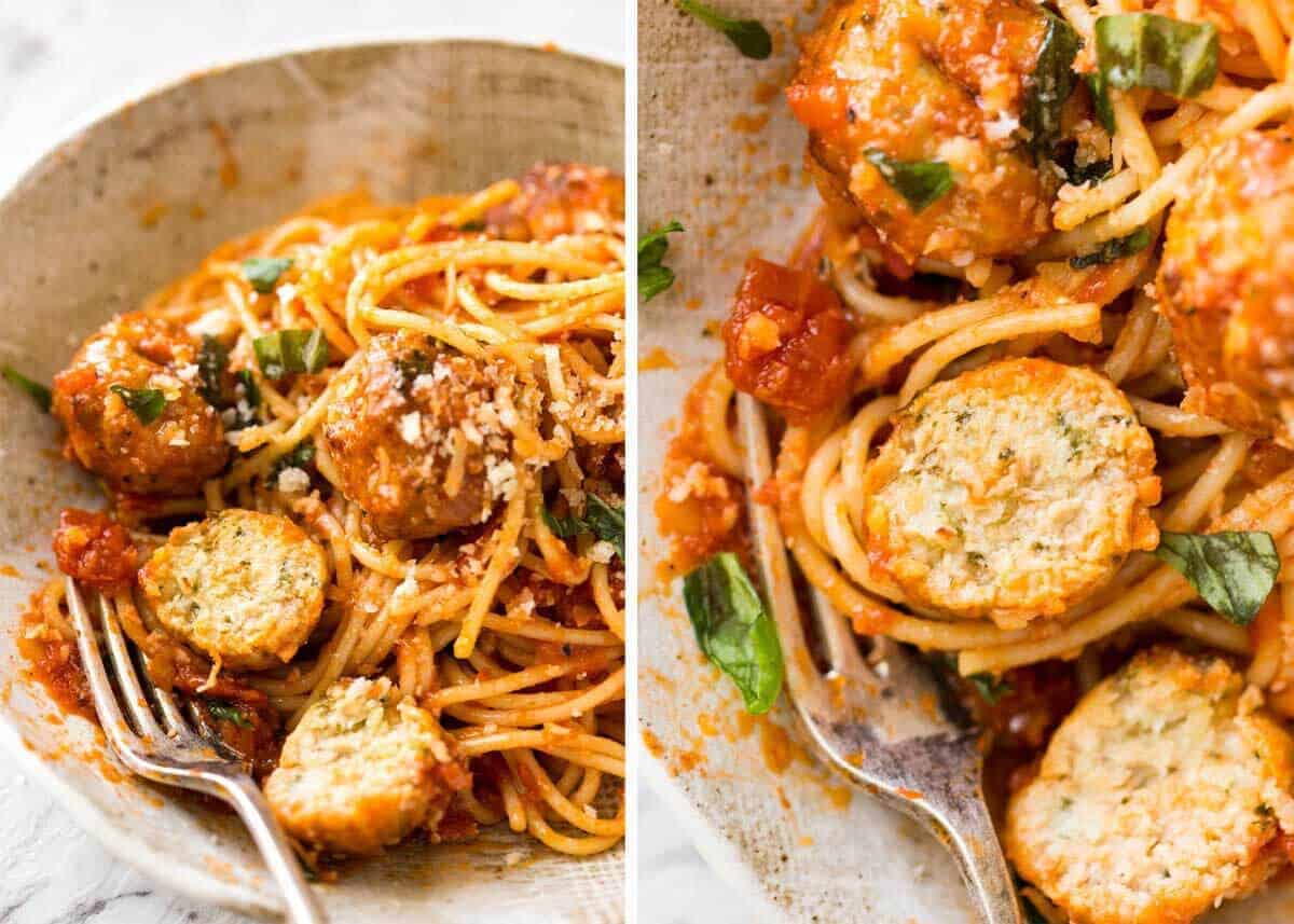 Plump, juicy BAKED Chicken Meatballs and Spaghetti! They come out golden brown on the outside, and so soft and juicy on the inside. recipetineats.com