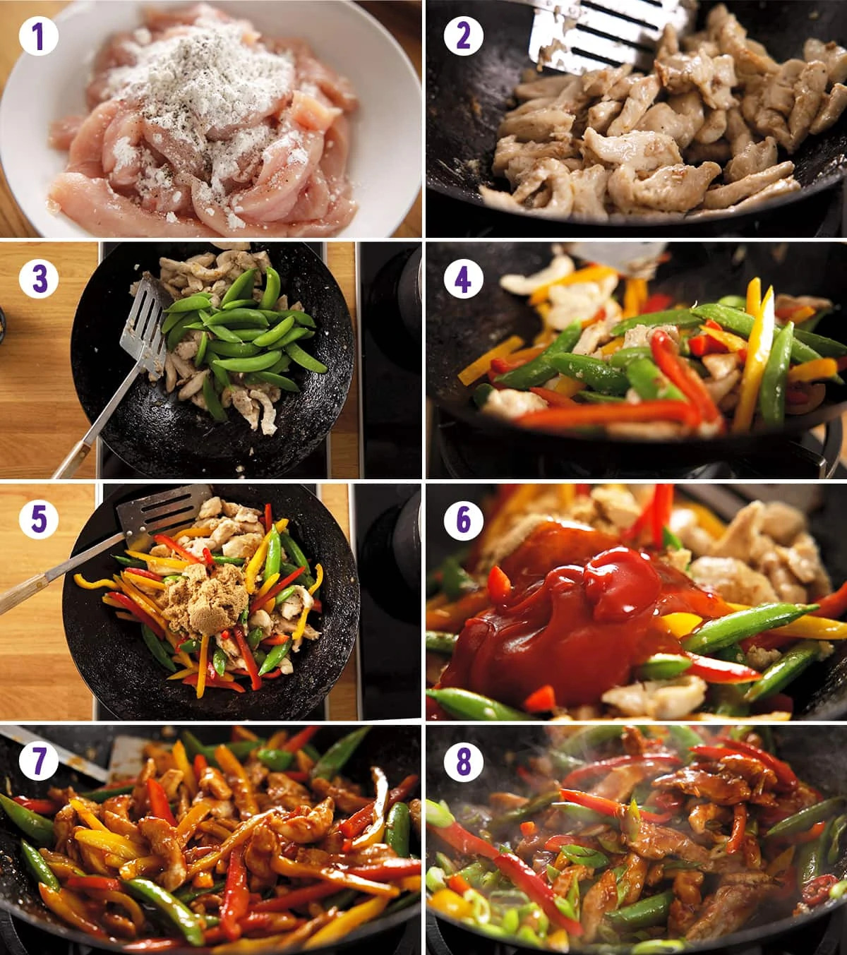 8 image collage showing how to make chicken stir fry